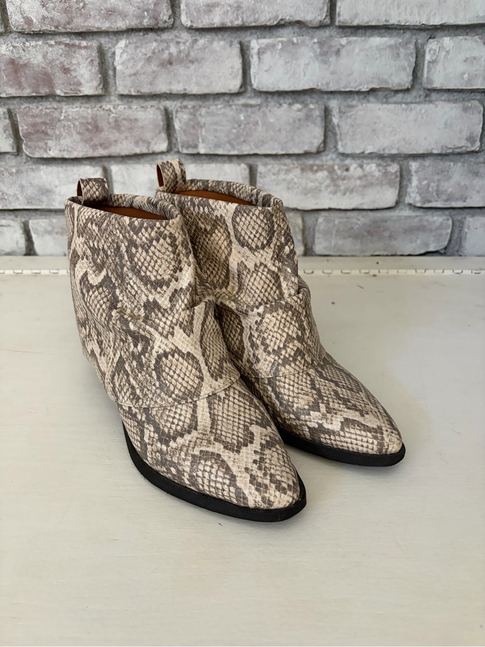 Zodiac Snake-Print Ankle Booties in Taupe and Cream
